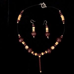 Wooden beaded necklace and earrings set